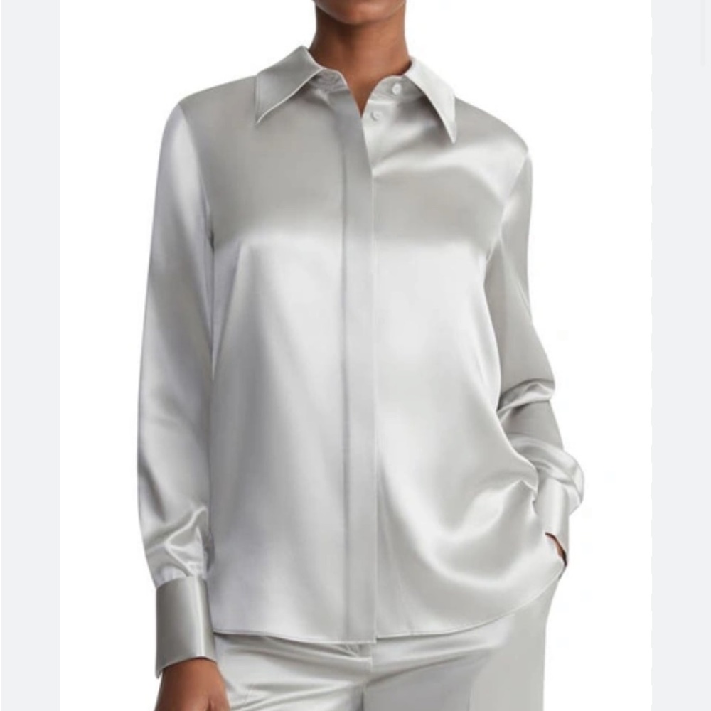 Lafayette 148 New York spread collar silk charmeuse silk button down - Picture 4 of 7